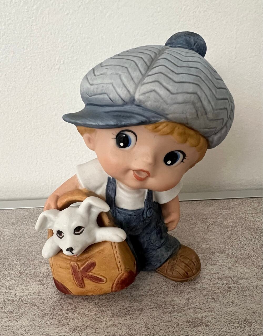 Vintage Homco Newspaper Little Boy with Dog in his Bag Ceramic Figurine #1439
